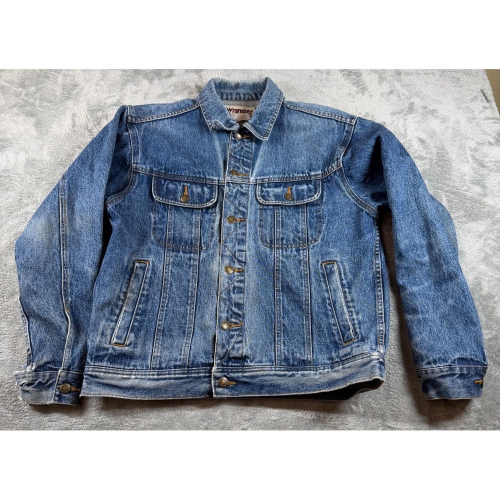 Vtg Wrangler Rugged Wear Denim Trucker Jacket Large‎ Faded Blue 90s Grunge